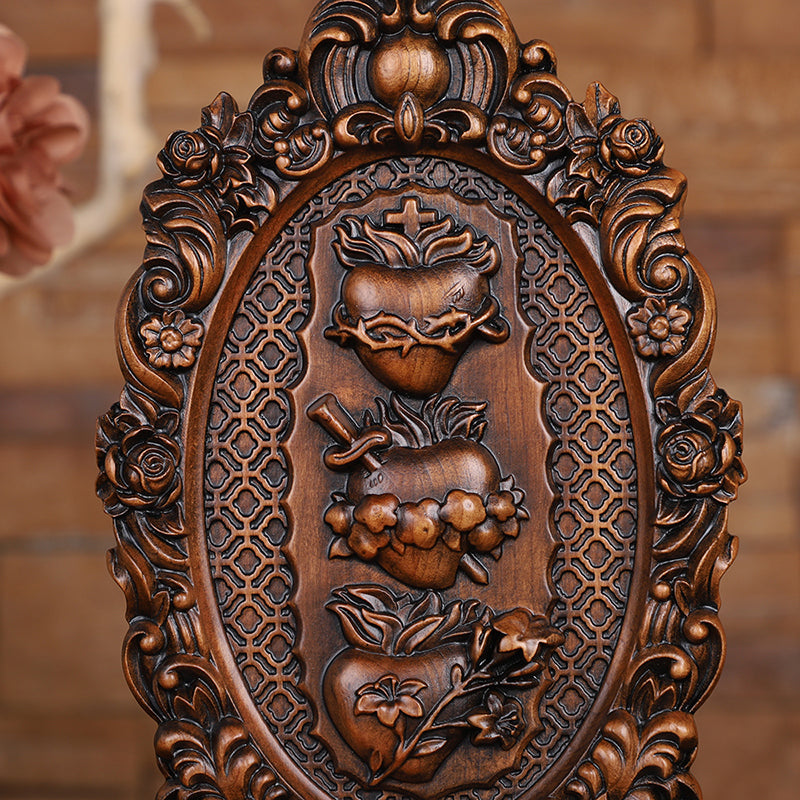 Three Sacred Hearts of the Holy Family Wood Carving - Wall Hanging Religious Gift Artwork - QIADGE