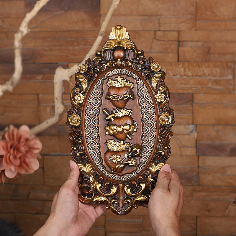 Three Sacred Hearts of the Holy Family Wood Carving - Wall Hanging Religious Gift Artwork - QIADGE