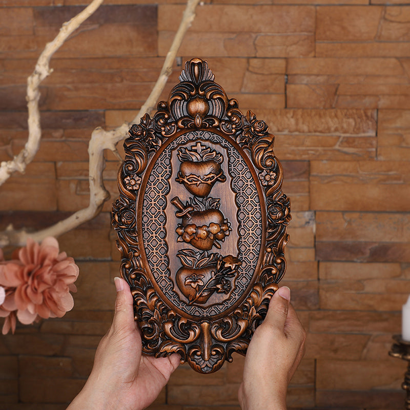 Three Sacred Hearts of the Holy Family Wood Carving - Wall Hanging Religious Gift Artwork - QIADGE