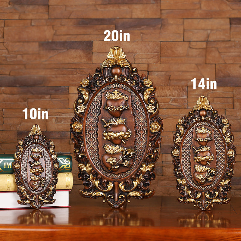 Three Sacred Hearts of the Holy Family Wood Carving - Wall Hanging Religious Gift Artwork - QIADGE