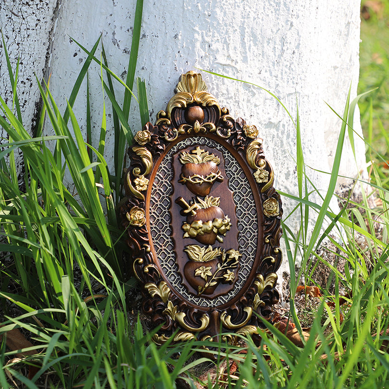 Three Sacred Hearts of the Holy Family Wood Carving - Wall Hanging Religious Gift Artwork - QIADGE