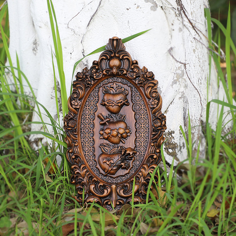 Three Sacred Hearts of the Holy Family Wood Carving - Wall Hanging Religious Gift Artwork - QIADGE