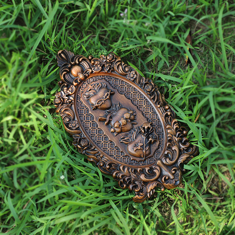 Three Sacred Hearts of the Holy Family Wood Carving - Wall Hanging Religious Gift Artwork - QIADGE
