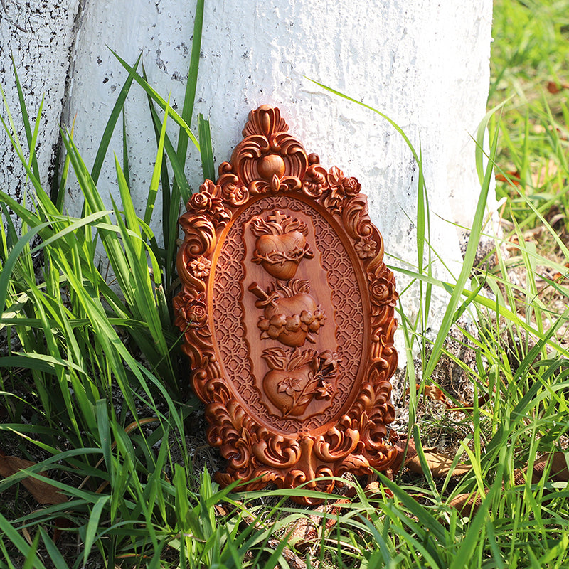 Three Sacred Hearts of the Holy Family Wood Carving - Wall Hanging Religious Gift Artwork - QIADGE