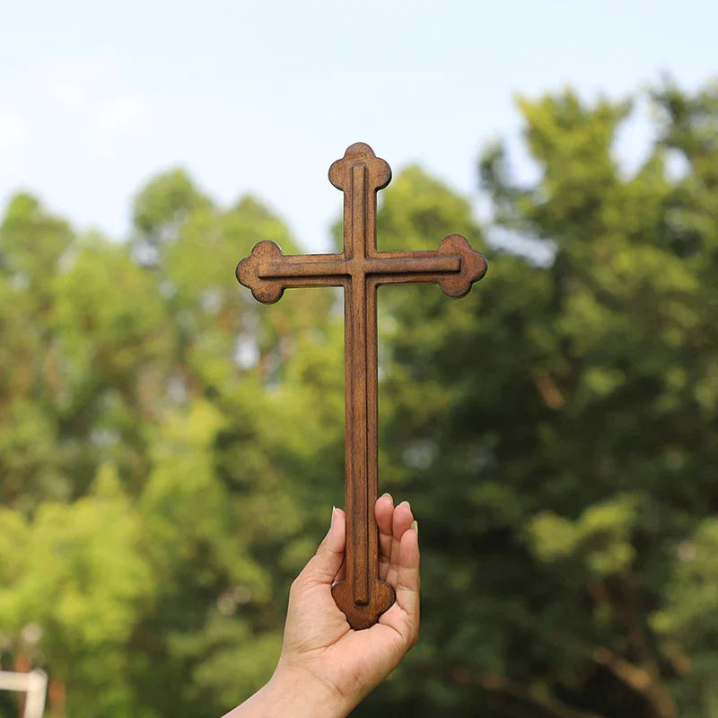 14 Inch Plain Wood Cross - Protestant Large Wall Cross - Solid Wood Church Decor - QIADGE