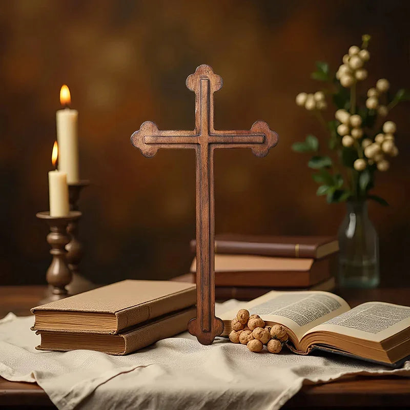 14 Inch Plain Wood Cross - Protestant Large Wall Cross - Solid Wood Church Decor - QIADGE