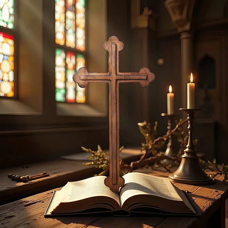 14 Inch Plain Wood Cross - Protestant Large Wall Cross - Solid Wood Church Decor - QIADGE