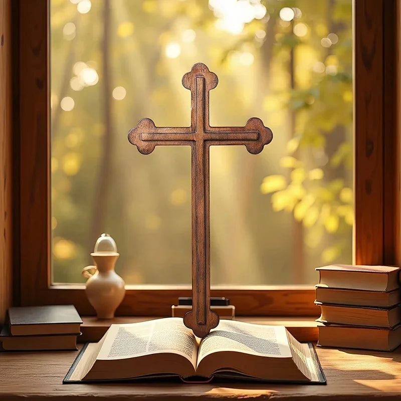 14 Inch Plain Wood Cross - Protestant Large Wall Cross - Solid Wood Church Decor - QIADGE