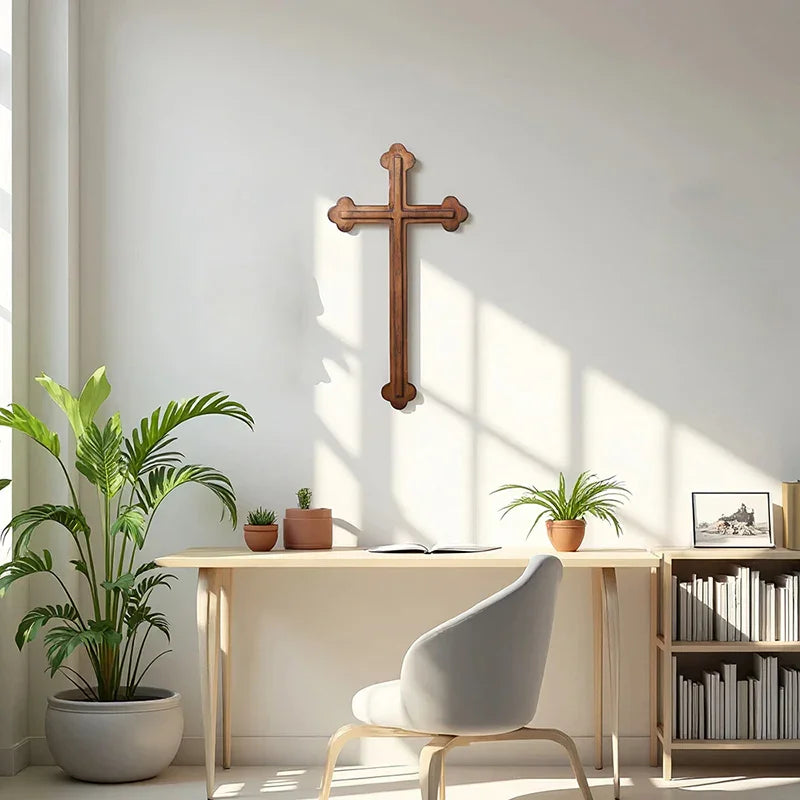 14 Inch Plain Wood Cross - Protestant Large Wall Cross - Solid Wood Church Decor - QIADGE