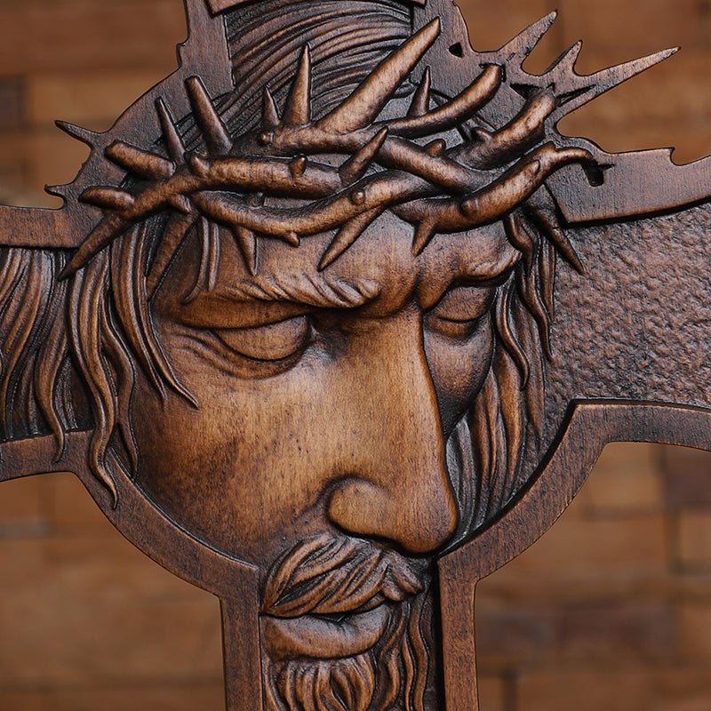 Jesus Crown of Thorns Wood Cross | Handcrafted Christian Crucifix - QIADGE
