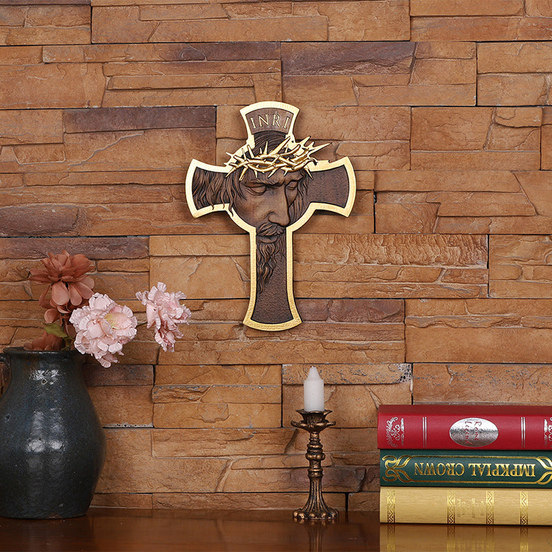 Jesus Crown of Thorns Wood Cross | Handcrafted Christian Crucifix - QIADGE