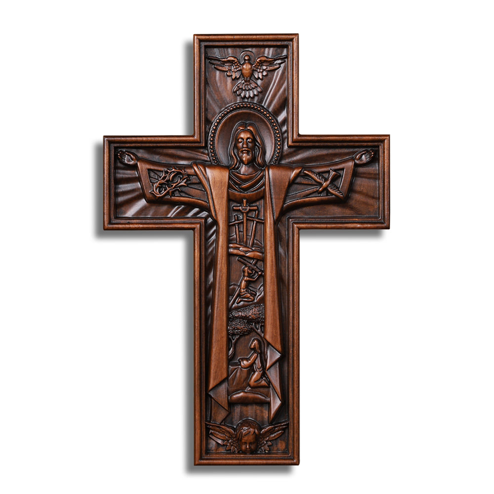 Hand Carved Jesus Crucifix - Church Wall Cross for Home Altar, Christian Gift - QIADGE
