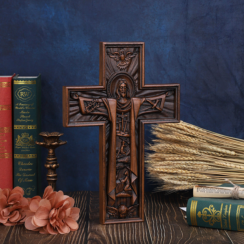 Hand Carved Jesus Crucifix - Church Wall Cross for Home Altar, Christian Gift - QIADGE