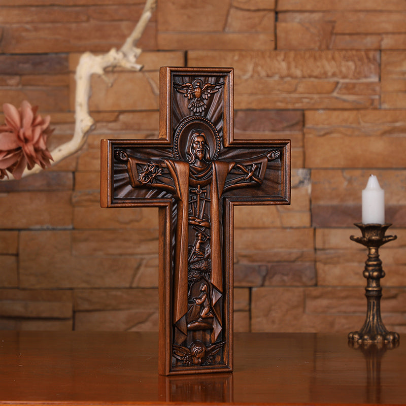 Hand Carved Jesus Crucifix - Church Wall Cross for Home Altar, Christian Gift - QIADGE