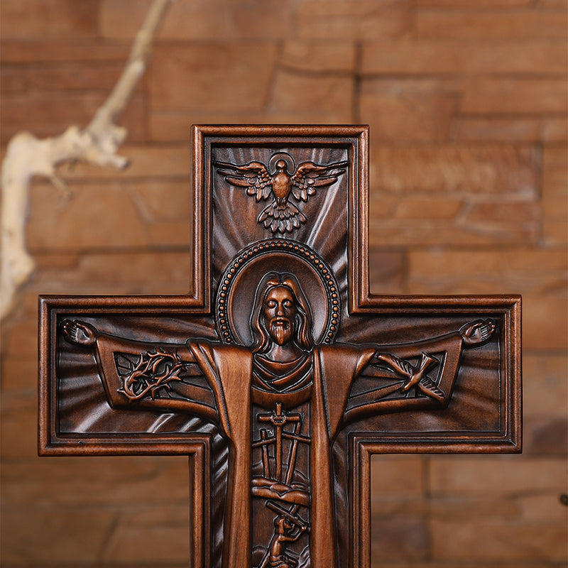 Hand Carved Jesus Crucifix - Church Wall Cross for Home Altar, Christian Gift - QIADGE