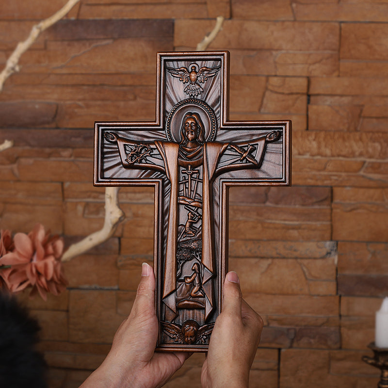 Hand Carved Jesus Crucifix - Church Wall Cross for Home Altar, Christian Gift - QIADGE