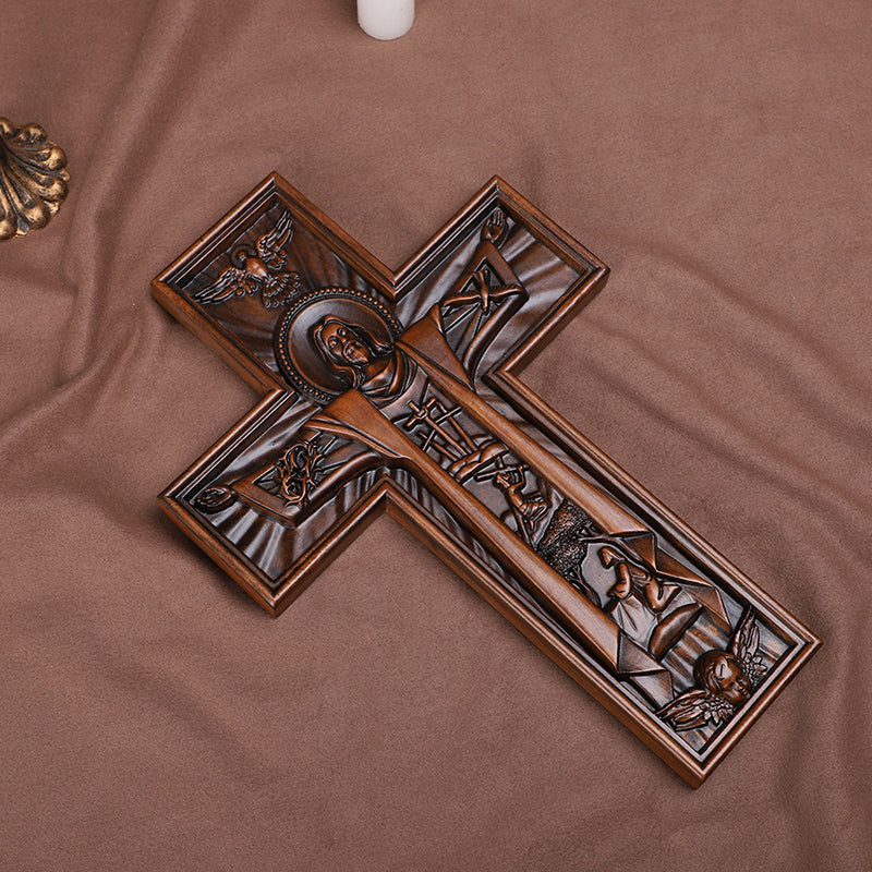 Hand Carved Jesus Crucifix - Church Wall Cross for Home Altar, Christian Gift - QIADGE