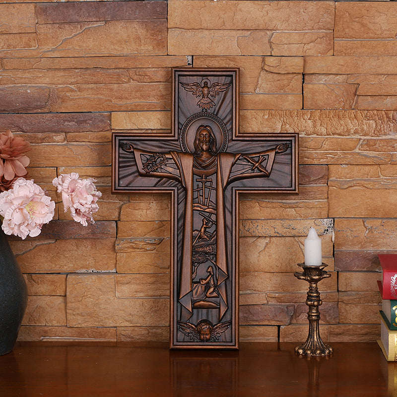 Hand Carved Jesus Crucifix - Church Wall Cross for Home Altar, Christian Gift - QIADGE