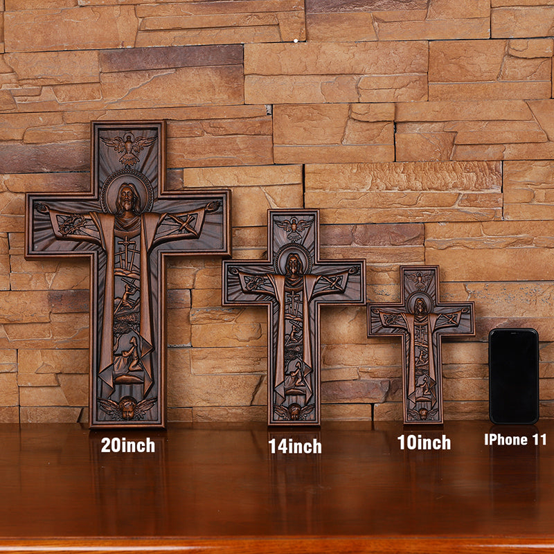 Hand Carved Jesus Crucifix - Church Wall Cross for Home Altar, Christian Gift - QIADGE
