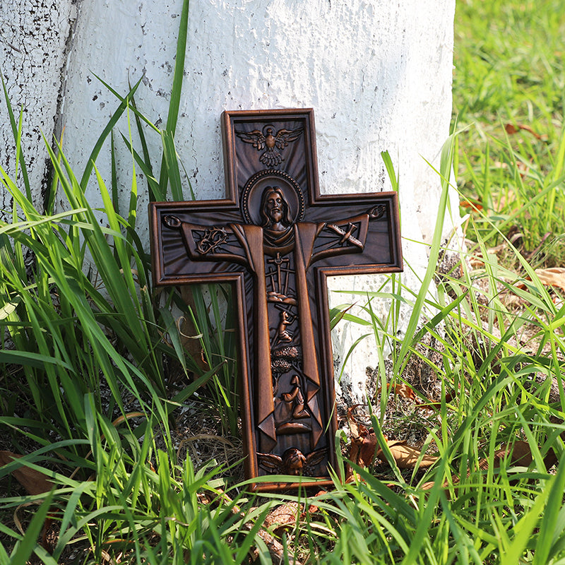 Hand Carved Jesus Crucifix - Church Wall Cross for Home Altar, Christian Gift - QIADGE