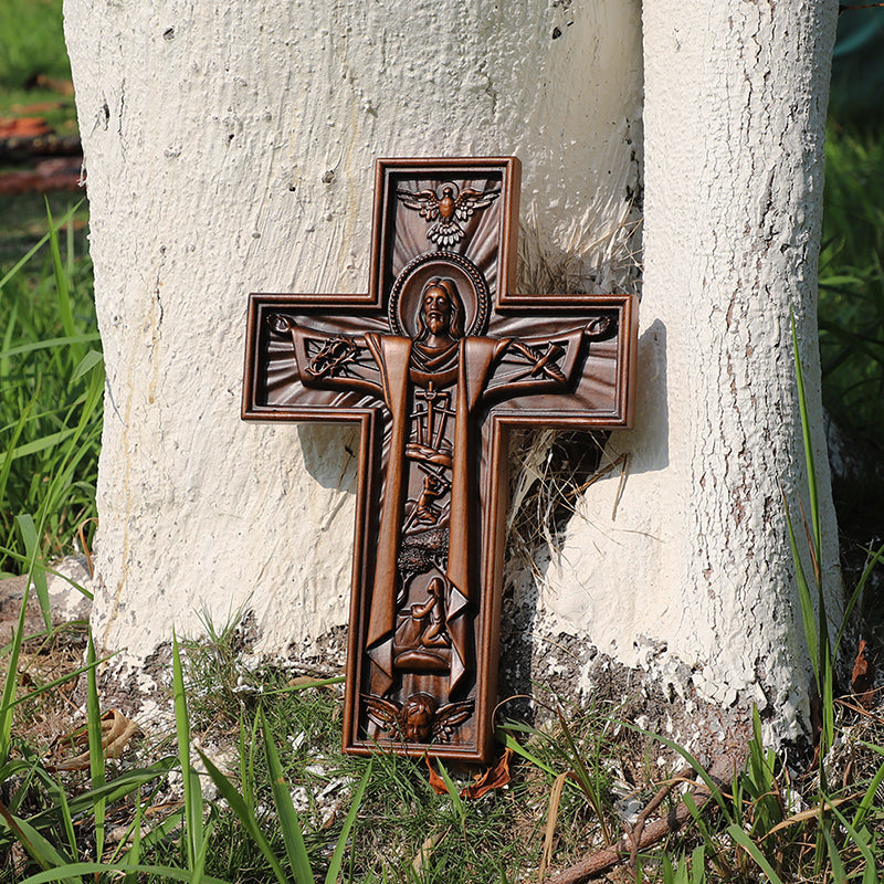 Hand Carved Jesus Crucifix - Church Wall Cross for Home Altar, Christian Gift - QIADGE