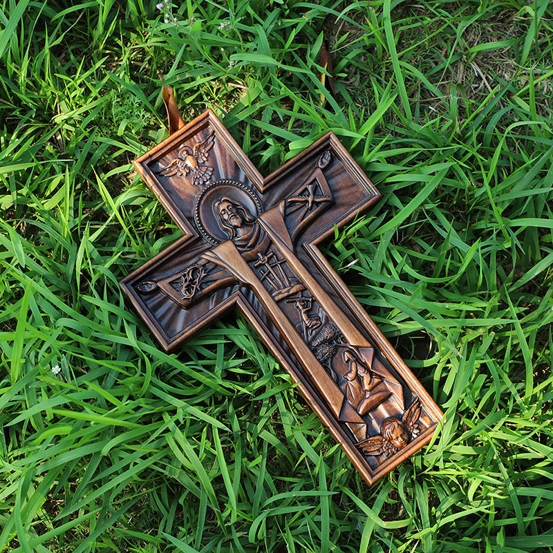 Hand Carved Jesus Crucifix - Church Wall Cross for Home Altar, Christian Gift - QIADGE