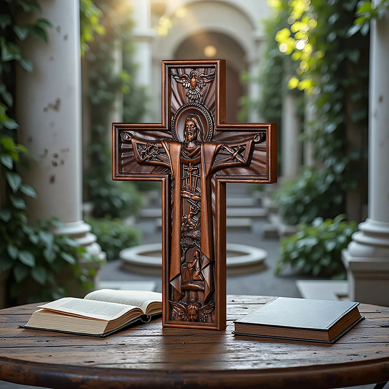 Hand Carved Jesus Crucifix - Church Wall Cross for Home Altar, Christian Gift - QIADGE