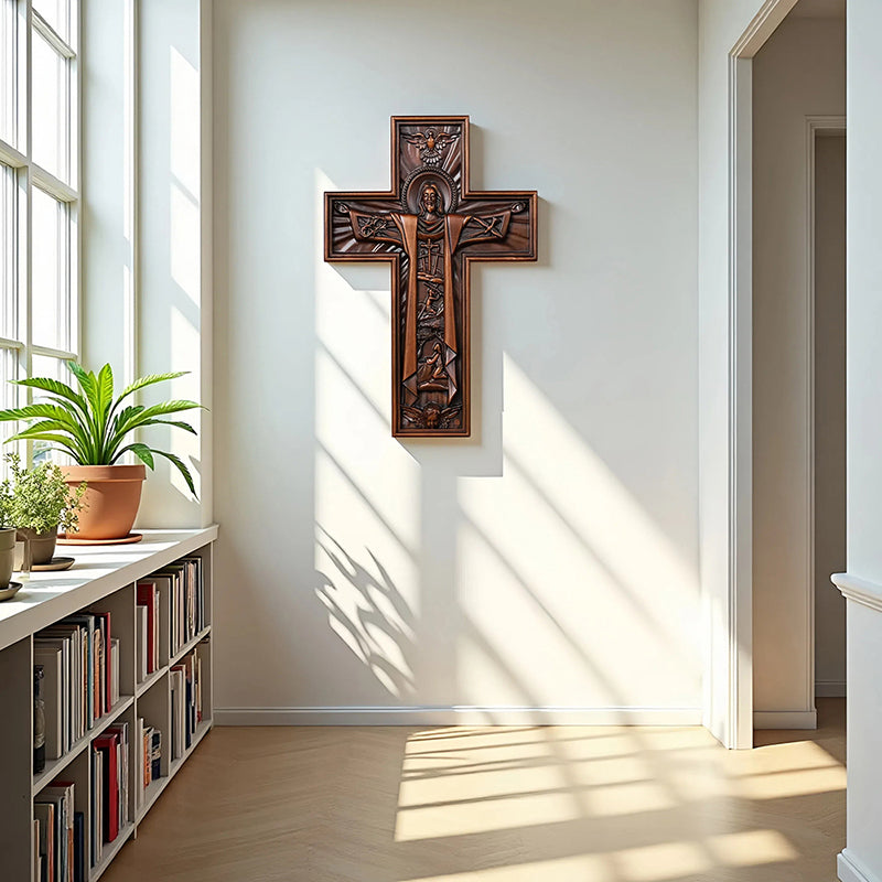 Hand Carved Jesus Crucifix - Church Wall Cross for Home Altar, Christian Gift - QIADGE