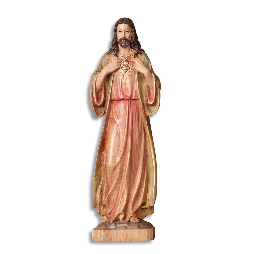 Hand Painted Sacred Heart Jesus Statue - Wooden Catholic Home Altar Decor - QIADGE