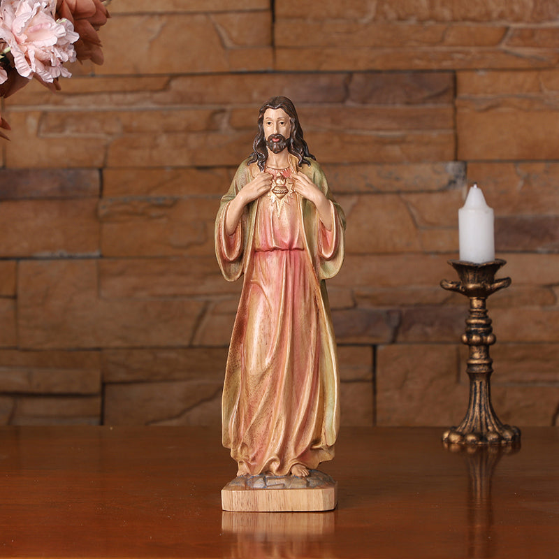Hand Painted Sacred Heart Jesus Statue - Wooden Catholic Home Altar Decor - QIADGE