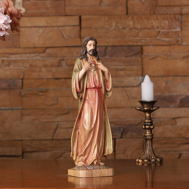 Hand Painted Sacred Heart Jesus Statue - Wooden Catholic Home Altar Decor - QIADGE