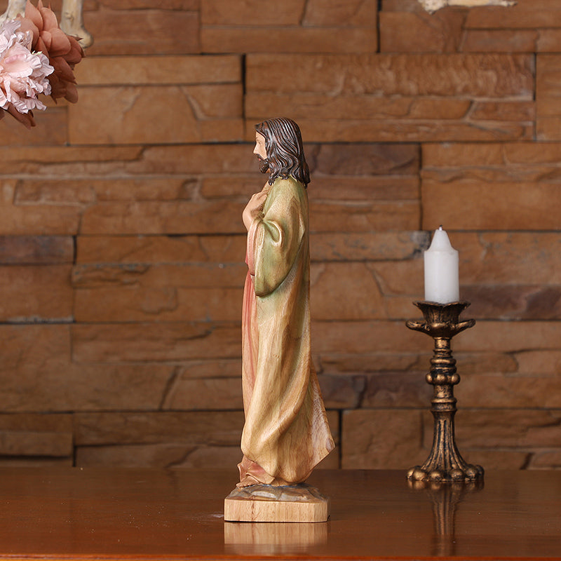 Hand Painted Sacred Heart Jesus Statue - Wooden Catholic Home Altar Decor - QIADGE