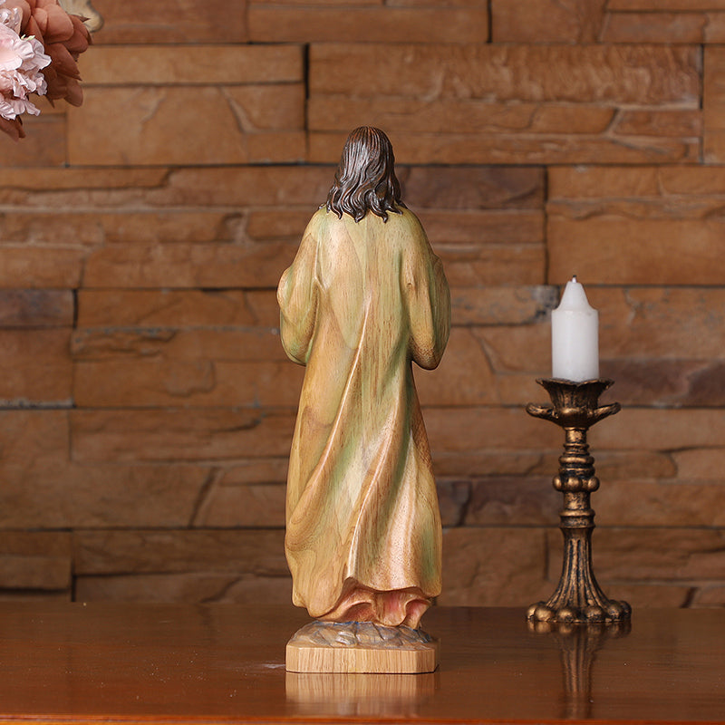 Hand Painted Sacred Heart Jesus Statue - Wooden Catholic Home Altar Decor - QIADGE