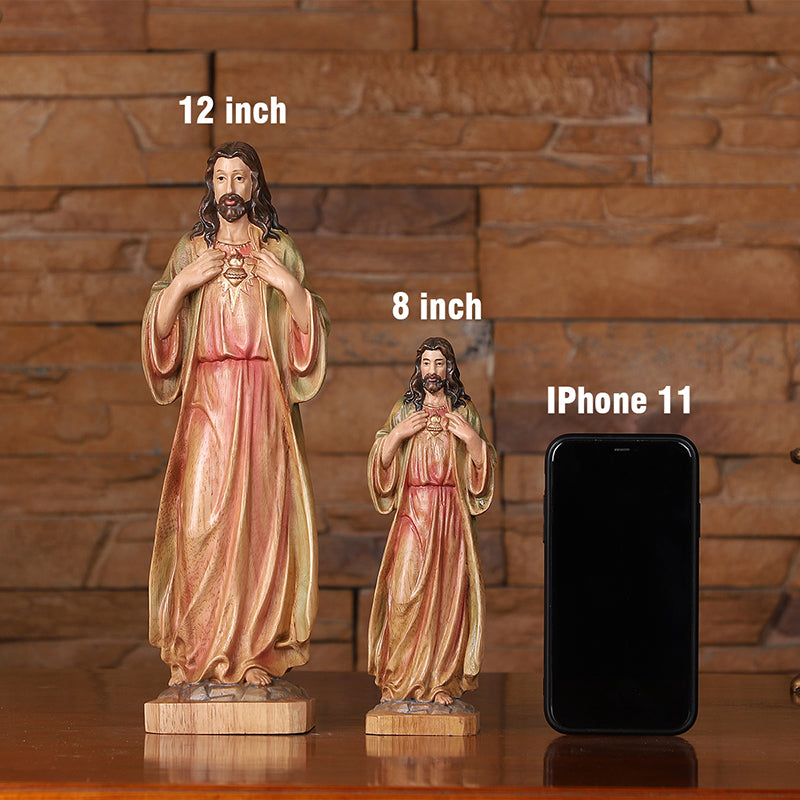 Hand Painted Sacred Heart Jesus Statue - Wooden Catholic Home Altar Decor - QIADGE