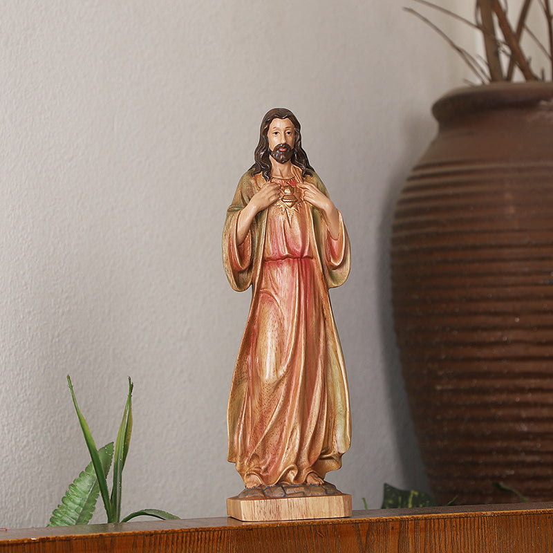 Hand Painted Sacred Heart Jesus Statue - Wooden Catholic Home Altar Decor - QIADGE