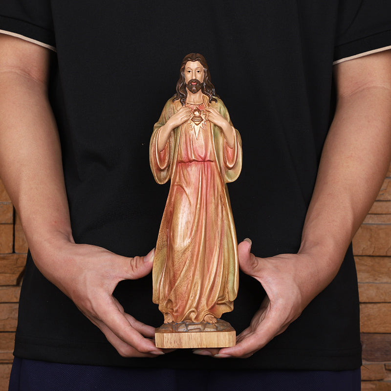 Hand Painted Sacred Heart Jesus Statue - Wooden Catholic Home Altar Decor - QIADGE