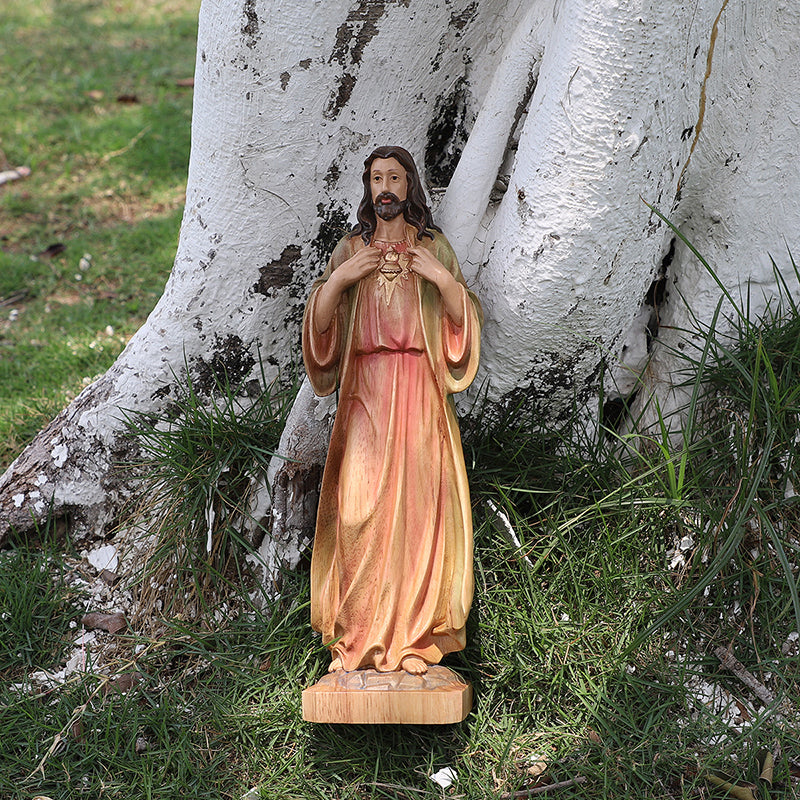 Hand Painted Sacred Heart Jesus Statue - Wooden Catholic Home Altar Decor - QIADGE