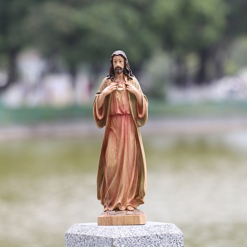 Hand Painted Sacred Heart Jesus Statue - Wooden Catholic Home Altar Decor - QIADGE