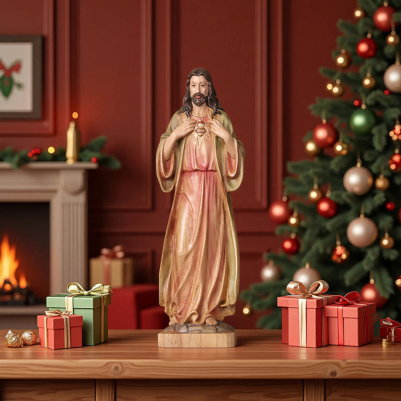 Hand Painted Sacred Heart Jesus Statue - Wooden Catholic Home Altar Decor - QIADGE
