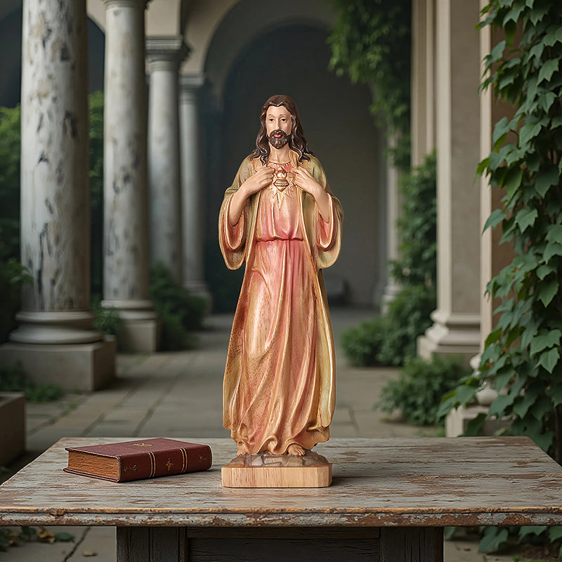 Hand Painted Sacred Heart Jesus Statue - Wooden Catholic Home Altar Decor - QIADGE