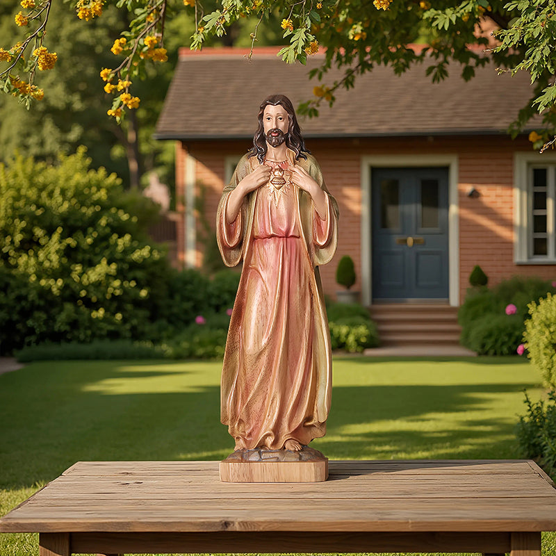 Hand Painted Sacred Heart Jesus Statue - Wooden Catholic Home Altar Decor - QIADGE