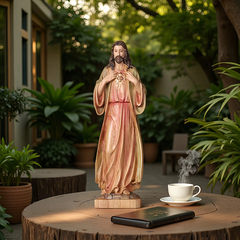 Hand Painted Sacred Heart Jesus Statue - Wooden Catholic Home Altar Decor - QIADGE