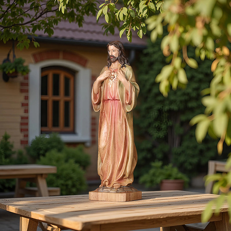 Hand Painted Sacred Heart Jesus Statue - Wooden Catholic Home Altar Decor - QIADGE