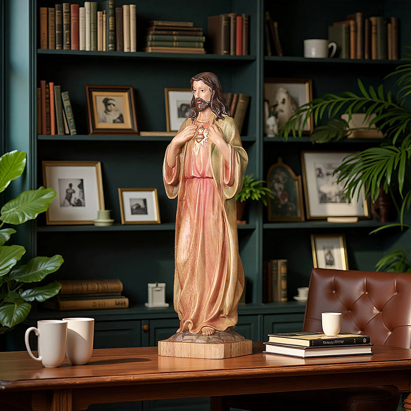 Hand Painted Sacred Heart Jesus Statue - Wooden Catholic Home Altar Decor - QIADGE