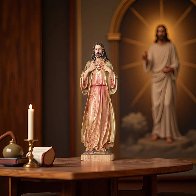 Hand Painted Sacred Heart Jesus Statue - Wooden Catholic Home Altar Decor - QIADGE