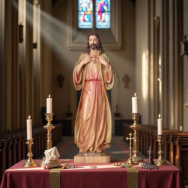 Hand Painted Sacred Heart Jesus Statue - Wooden Catholic Home Altar Decor - QIADGE
