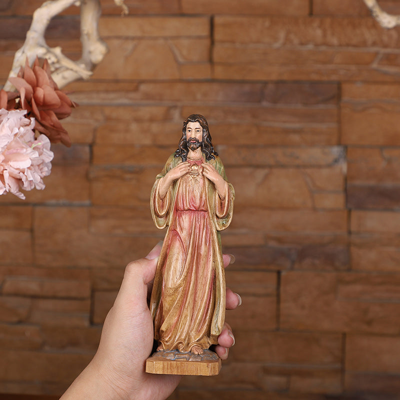 Hand Painted Sacred Heart Jesus Statue - Wooden Catholic Home Altar Decor - QIADGE