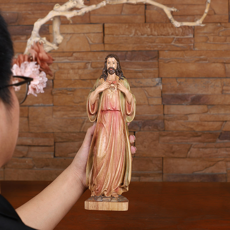 Hand Painted Sacred Heart Jesus Statue - Wooden Catholic Home Altar Decor - QIADGE