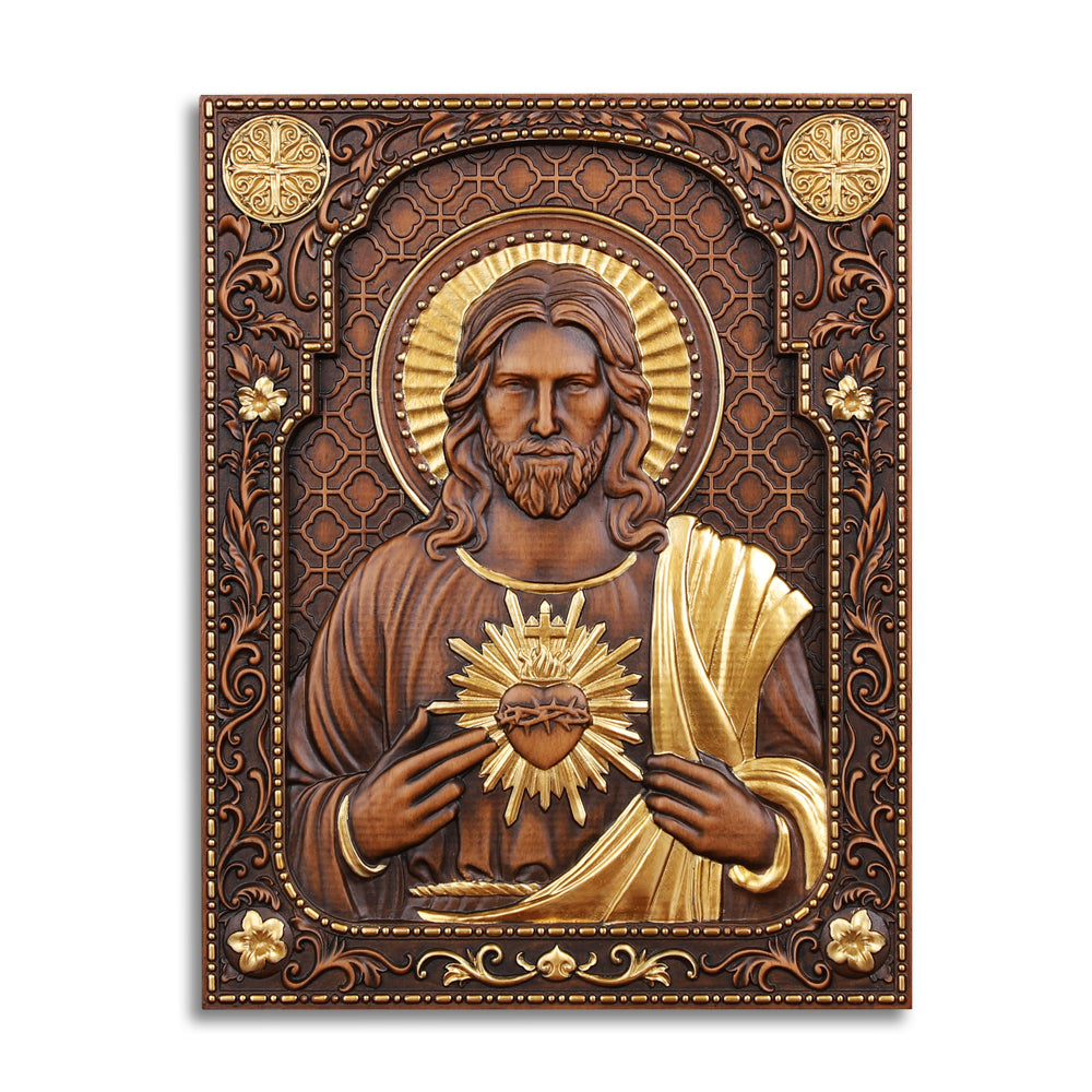 Hand Carved Sacred Heart of Jesus Statue - Catholic Devotional Wood Art, Christian Home Altar Gift - QIADGE