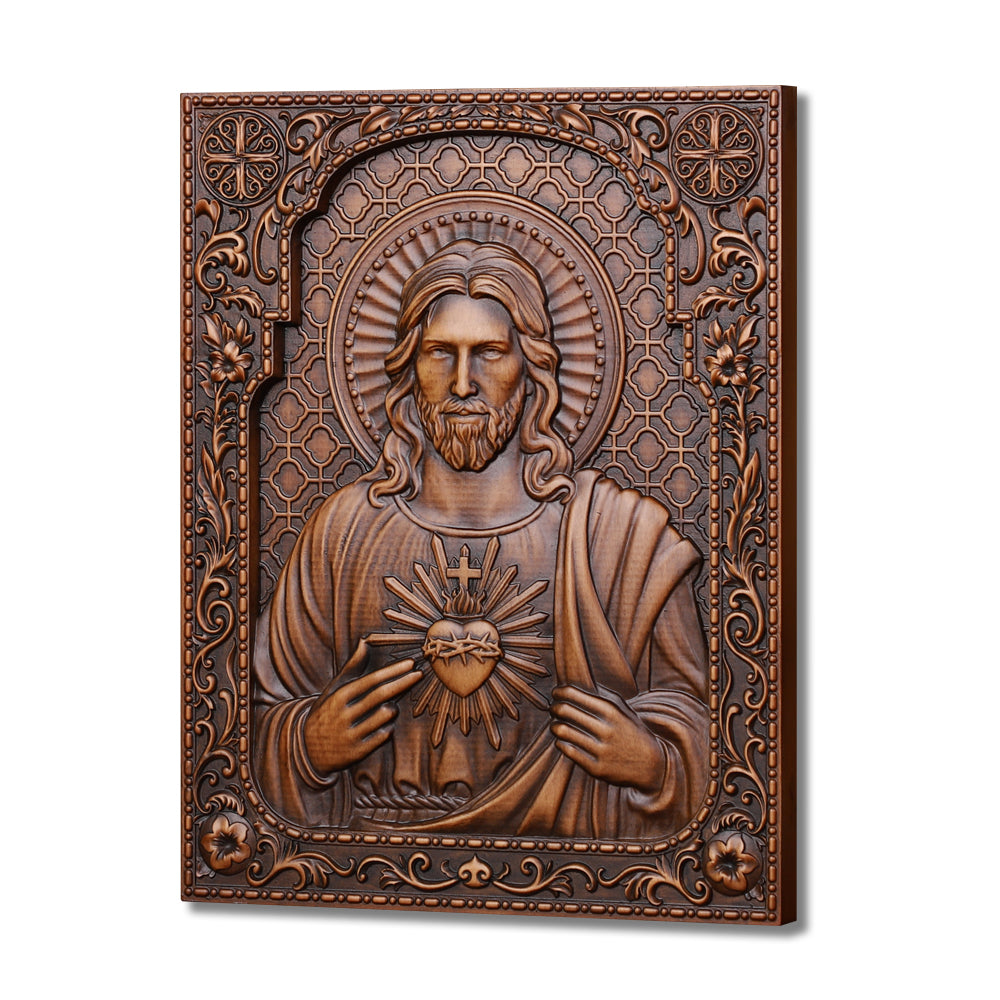 Hand Carved Sacred Heart of Jesus Statue - Catholic Devotional Wood Art, Christian Home Altar Gift - QIADGE